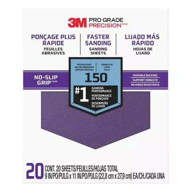 3M 150 Grit Pro Grade No Slip Grip Sandpaper - 20 Pack