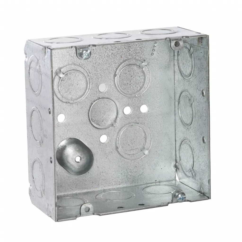 Raco 257 4-11/16" Steel Square Box, 2-1/8" Deep, 1/2" & 3/4" Side Knockouts, Welded